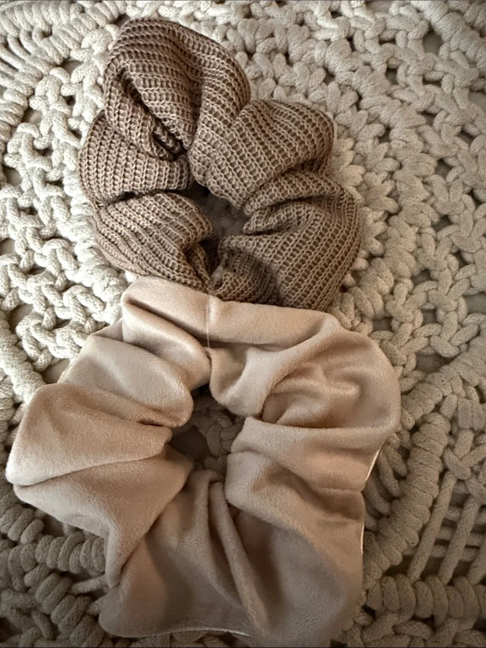 Neutral Satin and Knit Scrunchie Duo - Beige & Taupe